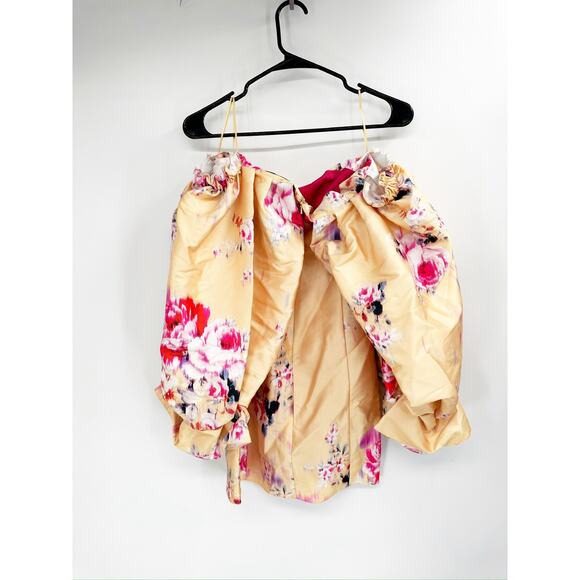 ASOS LUXE Drama Sleeve Structured Satin Off Shoulder Mini Dress in Floral Print - Picture 4 of 5